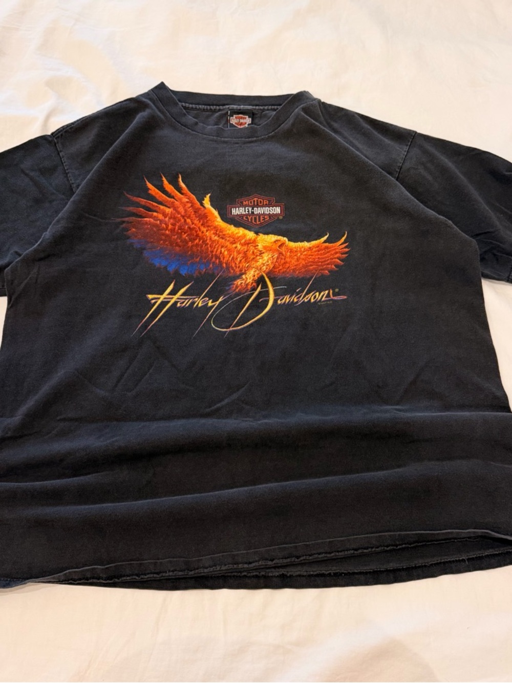Harley-Davidson Black Tee with Orange and Blue Eagle Emblem